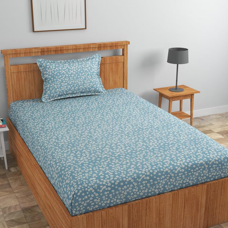 Image of NEW LEAF Pure Cotton 220 tc Flat Single Bedsheets for Summer Breathable | Wrinklefree | Super Soft (Size-60 X 90 Inch) with 1 Pillow Covers (Size-17 X 27 Inches, Floral, Light Blue