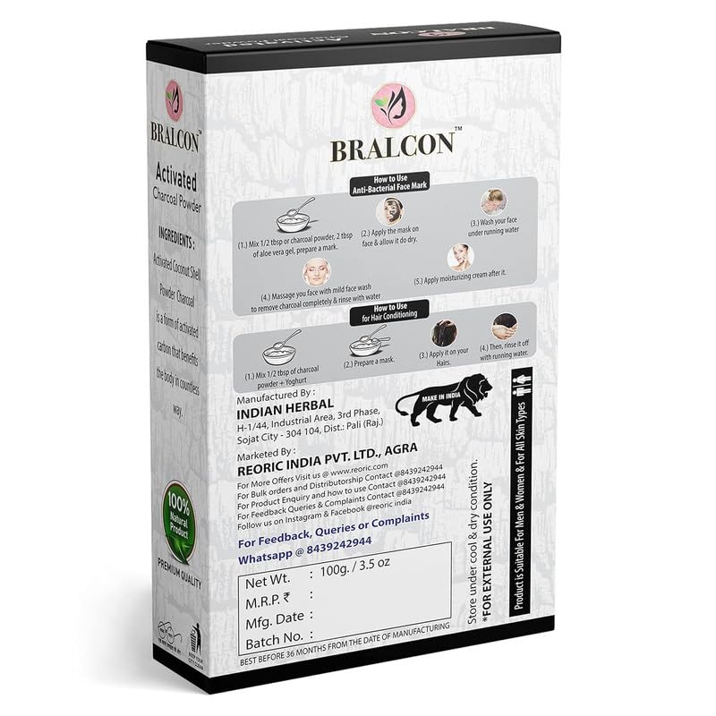 Image of BRALCON Activated Charcoal Powder for Skin & Hair - Coconut Shell Charcoal Powder for All Skin Types, Triple Filtered, 100gm