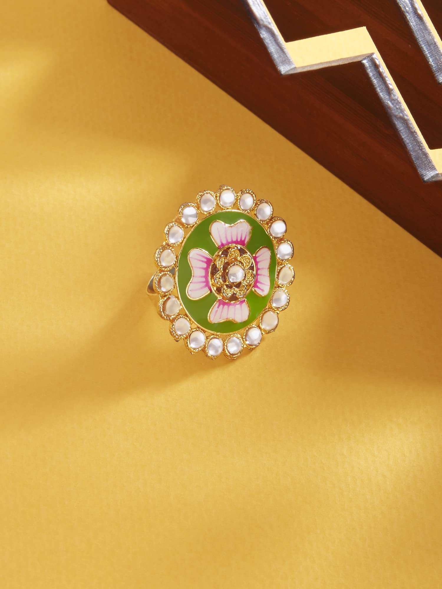 Meenakari Flower Kundan Adjustable Ring For Women