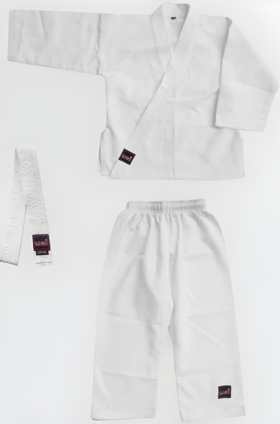 USI UNIVERSAL Karate Dress, 417KB Bouncer Karate Dress, Including White Belt, Karate Uniform Made of Light Weight Poly Cotton, Twill Weave, Basic Cut, Elastic Waist, Woven Labels