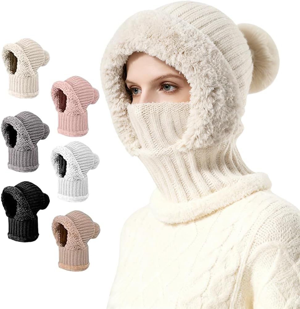 2026 New 3 in 1 Winter Beanie Hat for Women, Women's Knitted Hat Cold Resistant, Wind-Resistant Face Mask Hooded Scarf