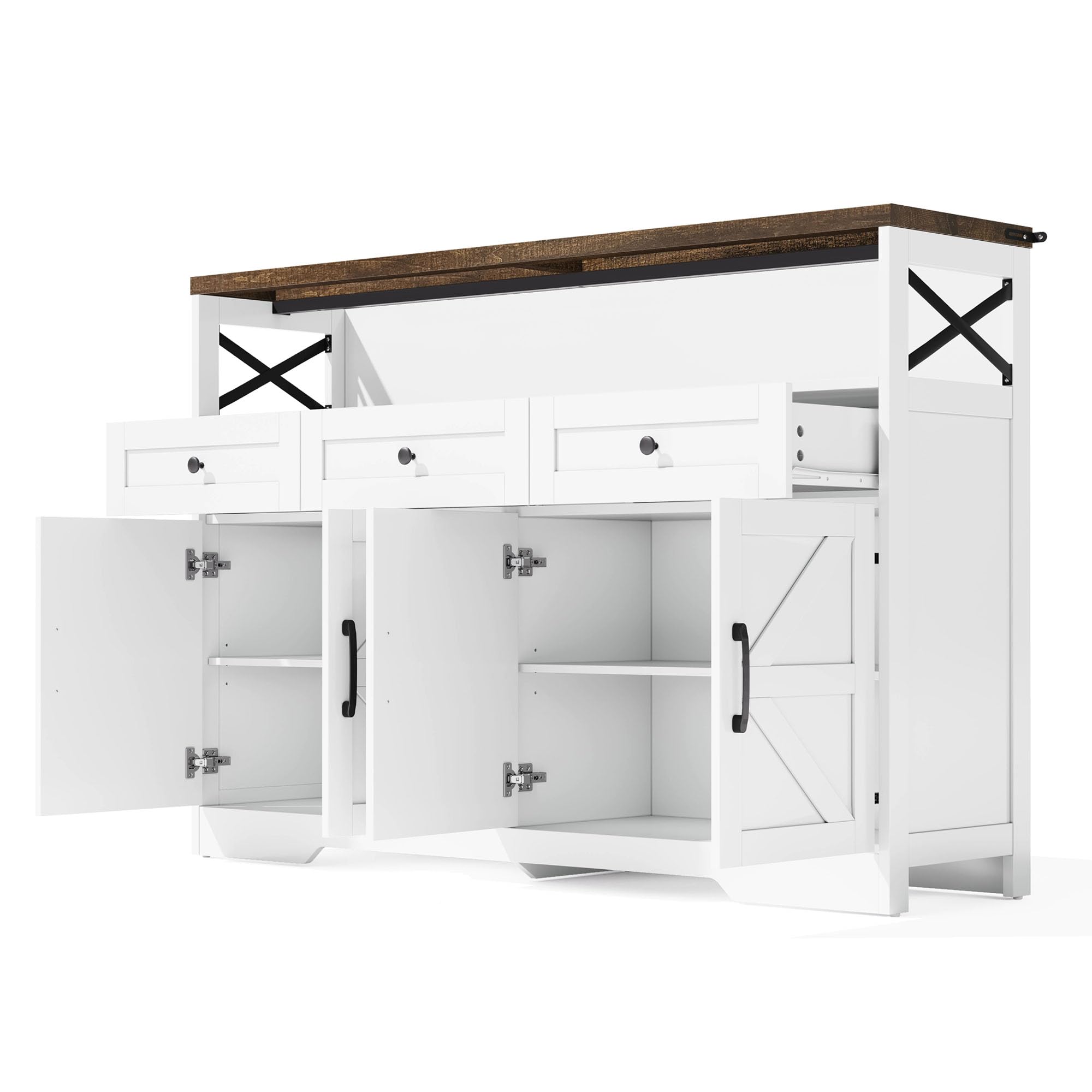Wiuzo Credenza Cucina, Mobiletto con Cassetti, Mobile con Ante e Ripiani, Stile Farmhouse, per Soggiorno Sala da Pranzo, 140x35x95cm, Bianco/Marrone