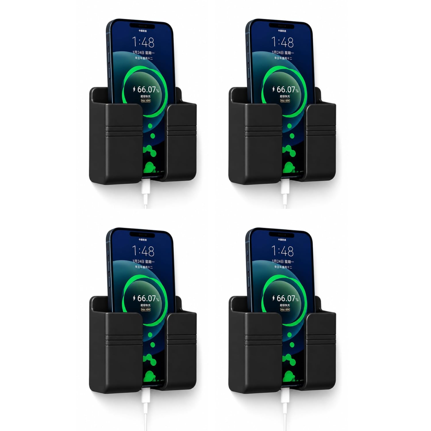 Wall Mounted Mobile Holder Storage Case for Remote (Black, Pack of 4) | Self Adhesive Phone Stand with Charging Cable Hole, Wall Organizer for Mobile & TV Remote-image-20