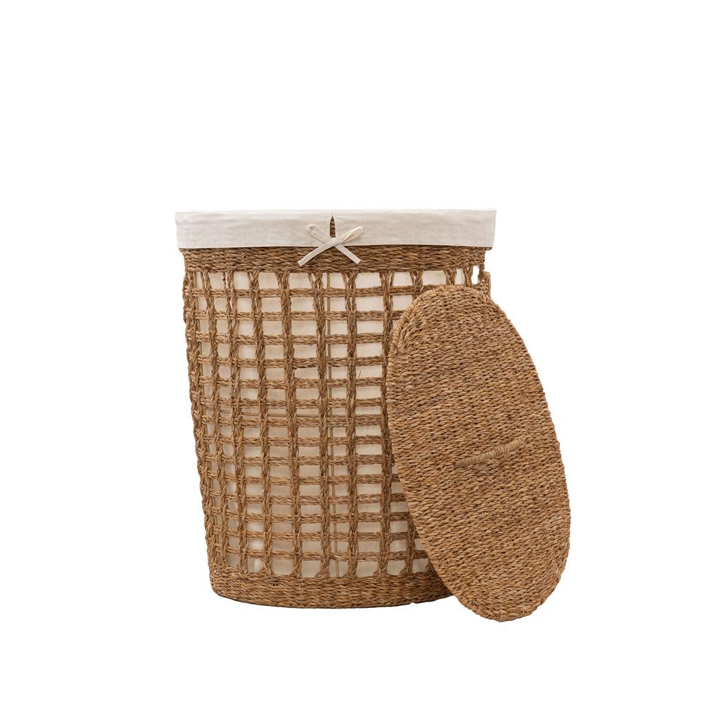 Arthur Cameron – Bhodra Oval Seagrass Laundry Basket with Lid & Cotton Lining – This Basket with Removable Liner is Perfect as a Round Laundry Hamper for Bathroom (Large)