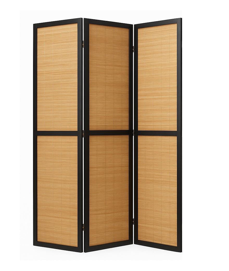 PEGANE Paravent en Bois Noir et Bambou 3 Pans
