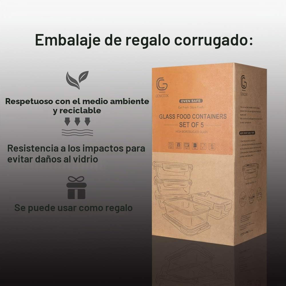GENICOOK Fiambrera Bento con bolsa para el almuerzo/fiambrera, de cristal, perfecta para comida preparada, sin BPA, para la cocina en casa o para el uso de viaje (5 x 840 ml)