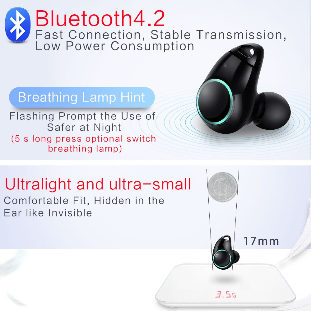Auriculares de diadema con Bluetooth 4.2, ligeros, IPX5, impermeables, inalámbricos, estéreo con micrófono, para iPhone, Samsung, etc. con caja de carga, de meilun Truly Wireless
