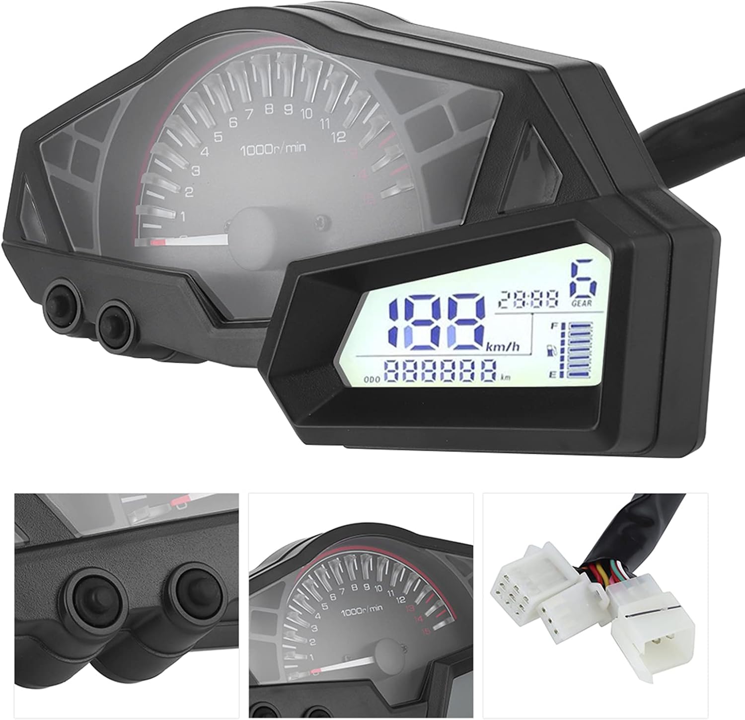 Acouto Motorcycle Speedometer for 300 6 Gear LCD Motorcycle Odometer Tachometer Speed Fuel Gauge 15000RPM 0-199km/h