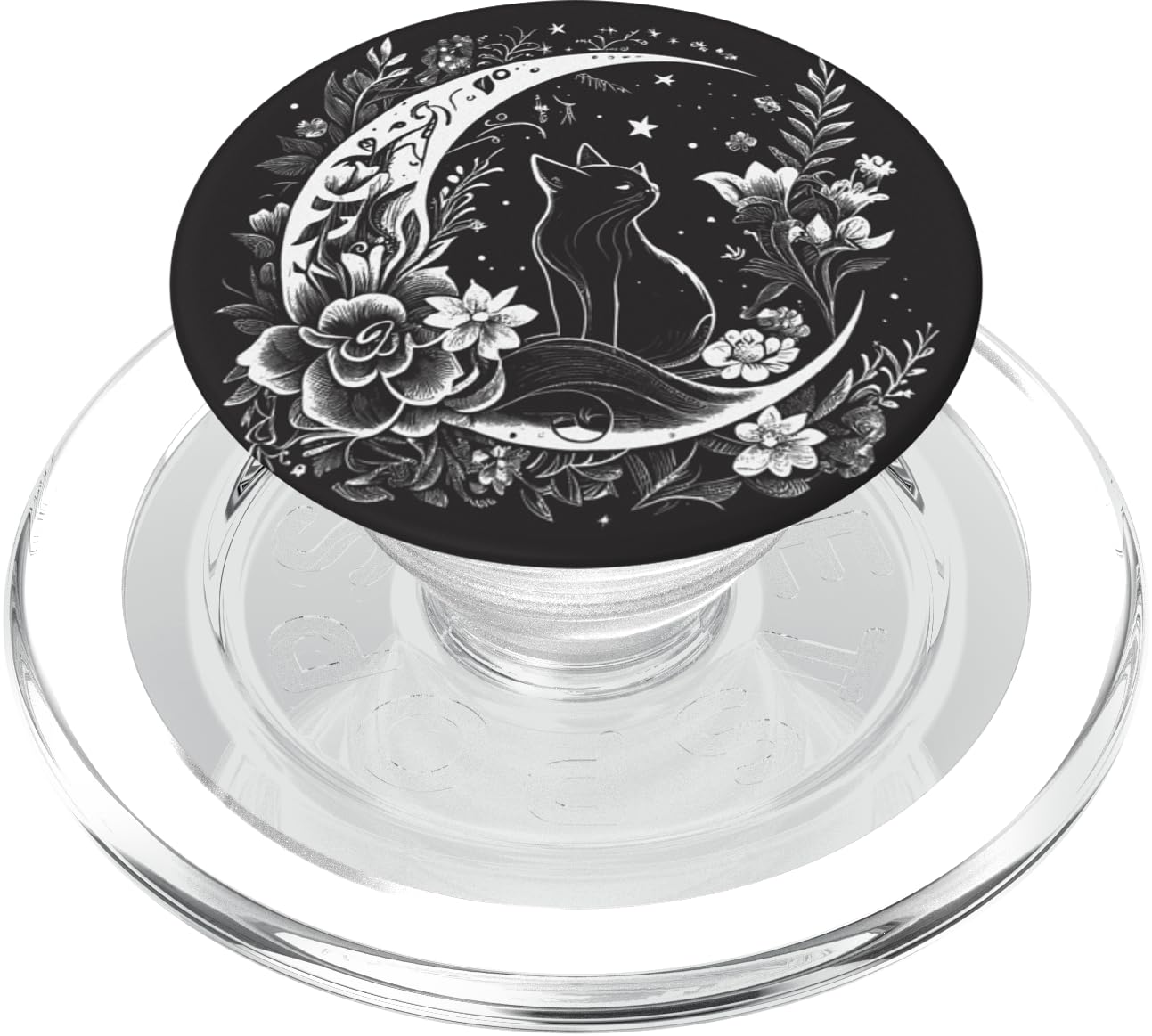 Cat Sitting On Crescent Moon Flowers Stars Drawing Women PopSockets PopGrip for MagSafe