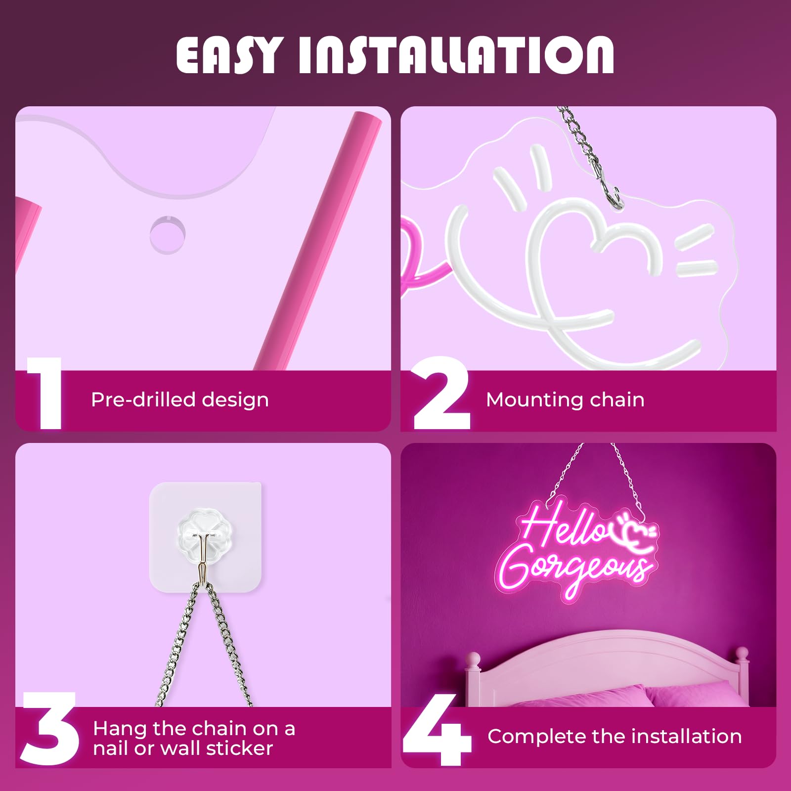 Hello Gorgeous Neonschild, 40,6 x 27,7 cm, LED-Schild, Neonschilder für Wanddekoration mit dimmbarem Schalter, Stromversorgung über USB, rosa Neonlichter für Teenager, Mädchen, Schlafzimmer