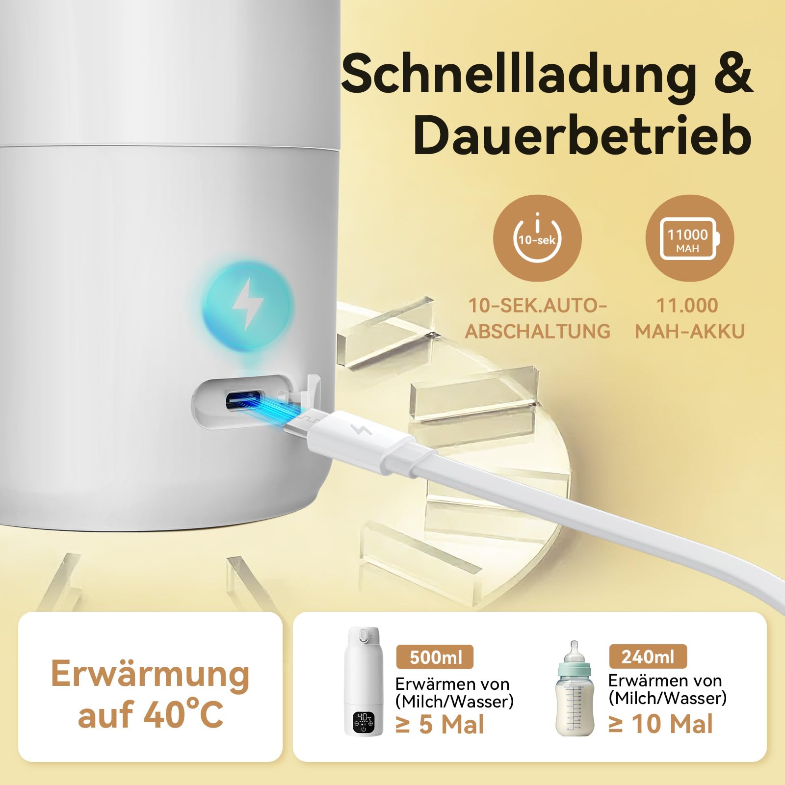 Tragbarer Flaschenwärmer Baby Unterwegs, 3 min Schnellheizung für Muttermilch und Wasser, 500ml Kapazität mit Pasteurisierung und präziser Temperatursteuerung, 11000mAh Akku