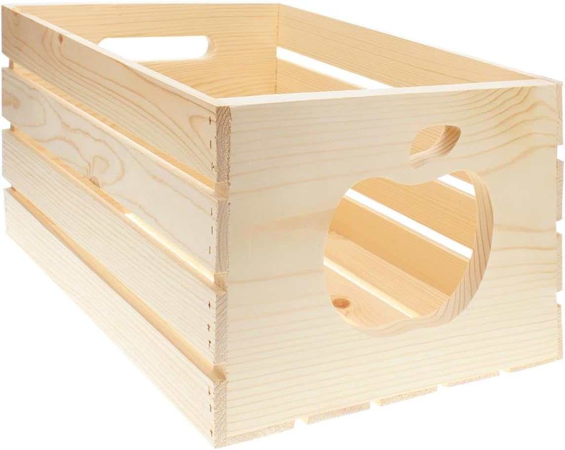 LEISURE ARTS Good Wood Wooden Crate With Apple Cutout, Wood Crate Unfinished, Crates For Display, Crates For Storage, Wooden Unfinished, Pine, 17.75" X 12" X 9.5"