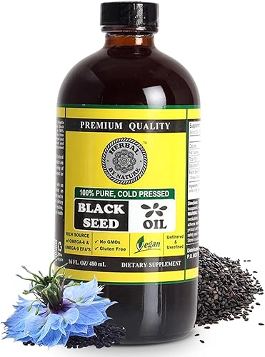 Aceite de semilla negra pura – 100% puro Nigella sativa – prensado en frío – vegano – sin OMG – 16 oz – en botella de vidrio – Herbal by Nature