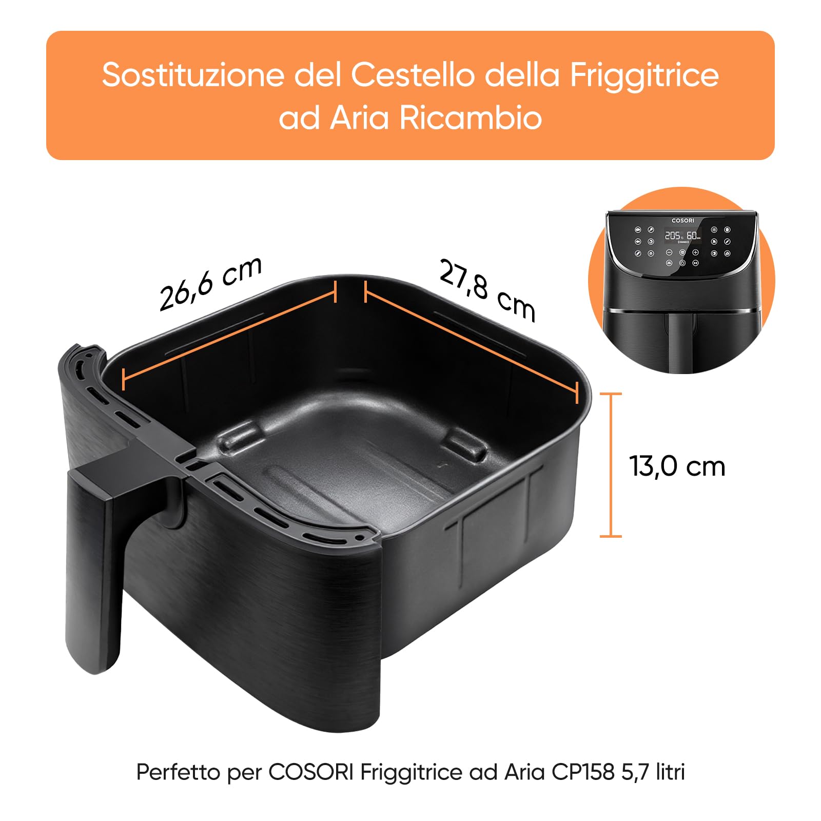 COSORI Friggitrice ad Aria CP158 5,7L Cestello Originale, Rivestimento Ceramico No PFAS, Accessori di Ricambio per Air Fryer CP158-AF, Antiaderente, Lavabile in Lavastoviglie, Grigio