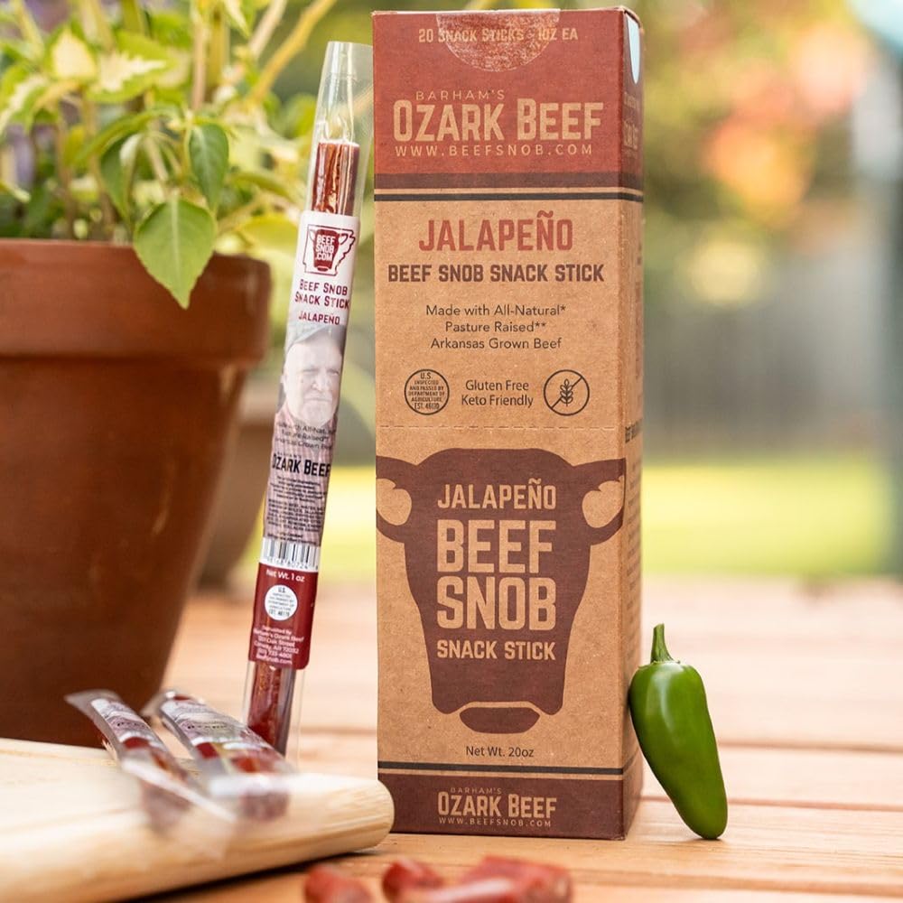 Beef Snob Snack Sticks - Jalapeño Flavor - 1 Ounce Snack - 20 Meat Sticks Per Box - High Protein Snack, Sugar Free Snack, Keto Friendly, Gluten Free Jerky Sticks
