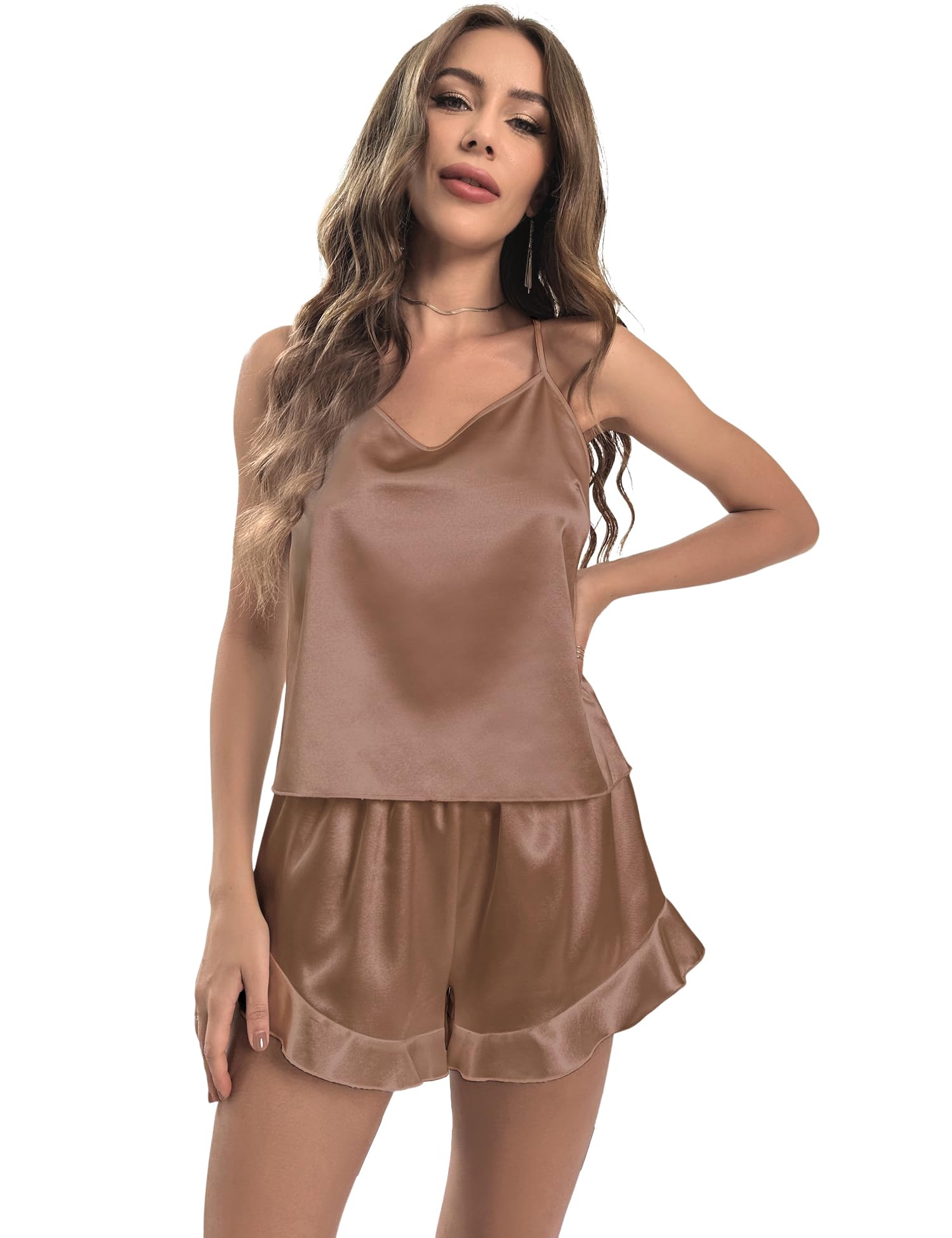 Heersan Pijama Mujer Verano Conjunto de Pijama Corto Mujer de 2 Piezas Sexy de Tirantes y Pantalón Corto Correas Ajustables para Hombros Camisón Satén para S-2XL