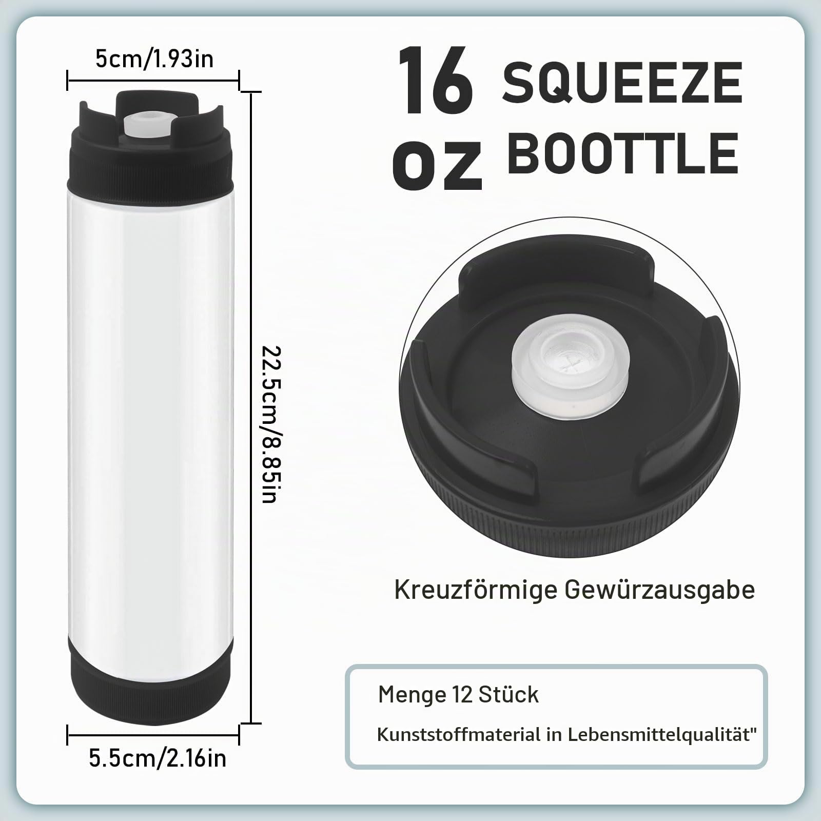 12 Stück Umgekehrte Kunststoff-Quetschflaschen 480 ml, Nachfüllbare selbstdichtende Soßenspender für dicke Gewürze Saucen Teig Dressing Catering Lebensmittel Food Truck Restaurant, Schwarz