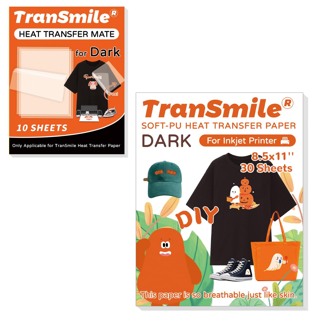 TranSmile Printable Heat Transfer Vinyl for Dark Fabrics (30 Sheets, 8.5 x 11'')& Heat Transfer Mate for Dark T Shirts Transfer Paper(10 Sheets, 8.5 x 11'')