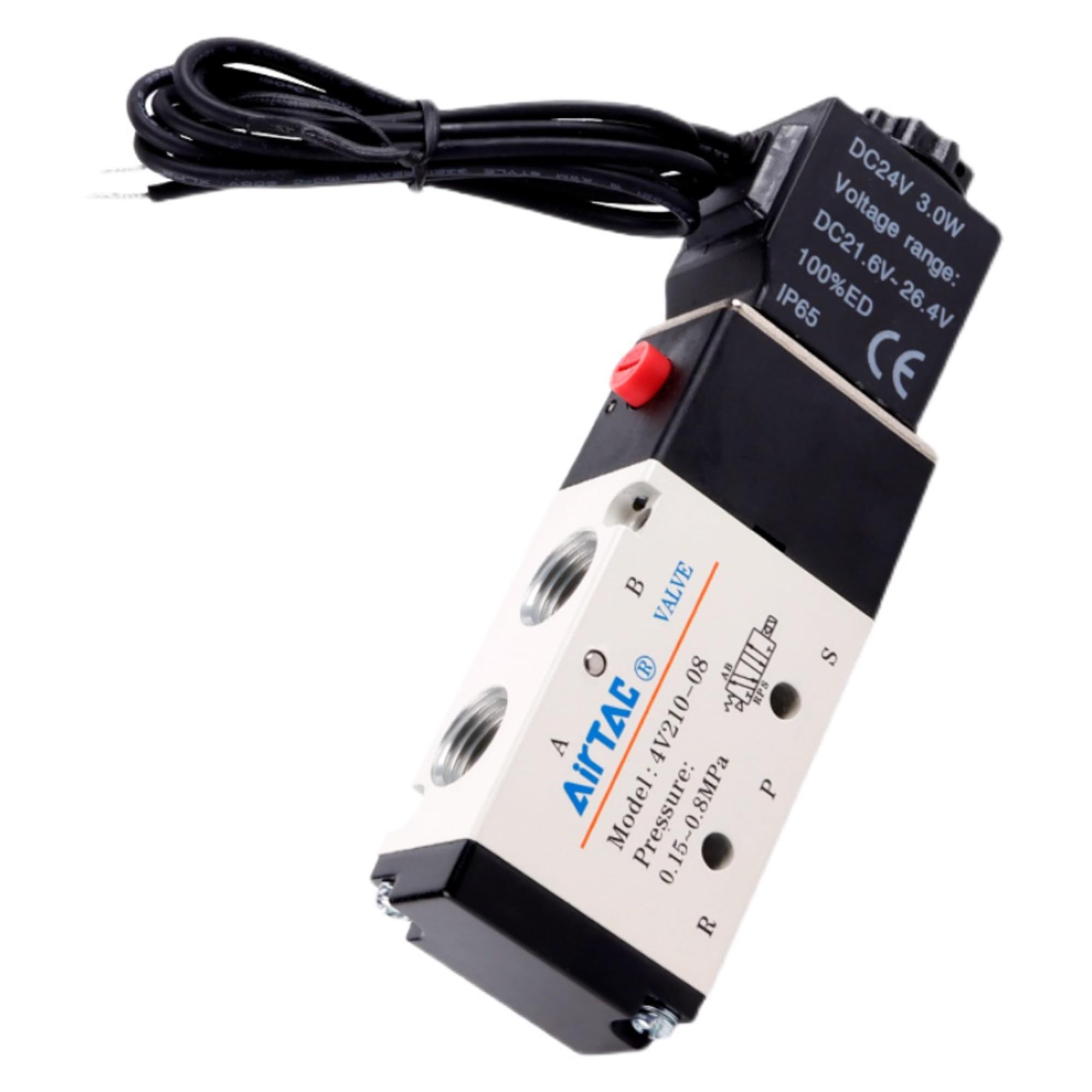 Válvula solenoide DC24V AirTAC 4V210-08 1/10.2 cm PT Cable de salida de aire neumático 2 posiciones 5 vías eléctrica sola bobina operada por piloto