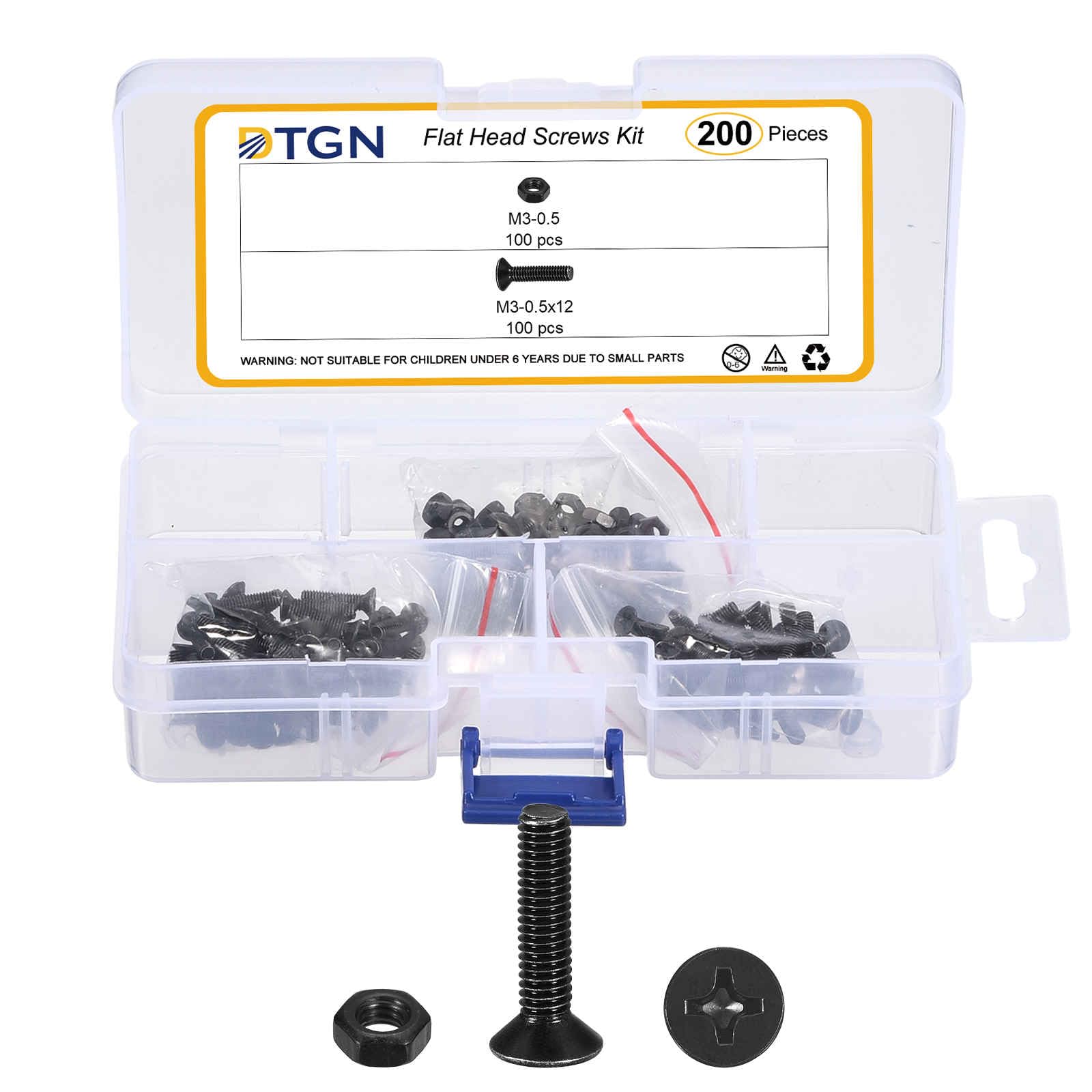 DTGN M3-0.5x12 Flat Head Nuts and Bolts Assortment Kit - 200pcs - Good for Electronics and Machinery - Carbon Steel Phillips Countersunk Machine Screws Set - Black โ image 1