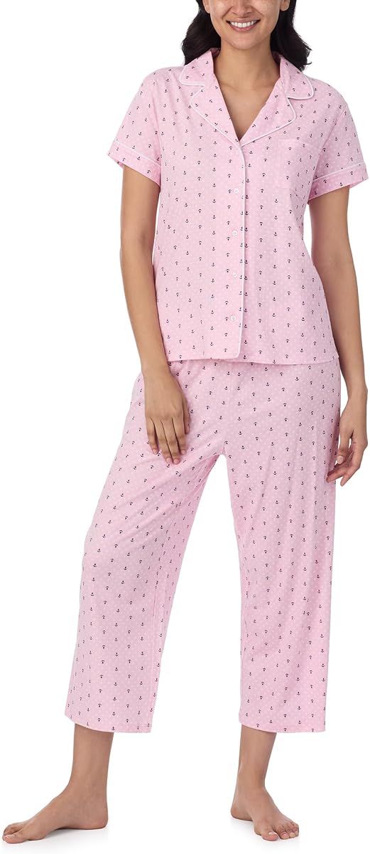 Conjunto de pijamas para mujer, camisa de pijama ligera de manga corta con botones y pantalones capri, conjuntos de salón PJs para mujer