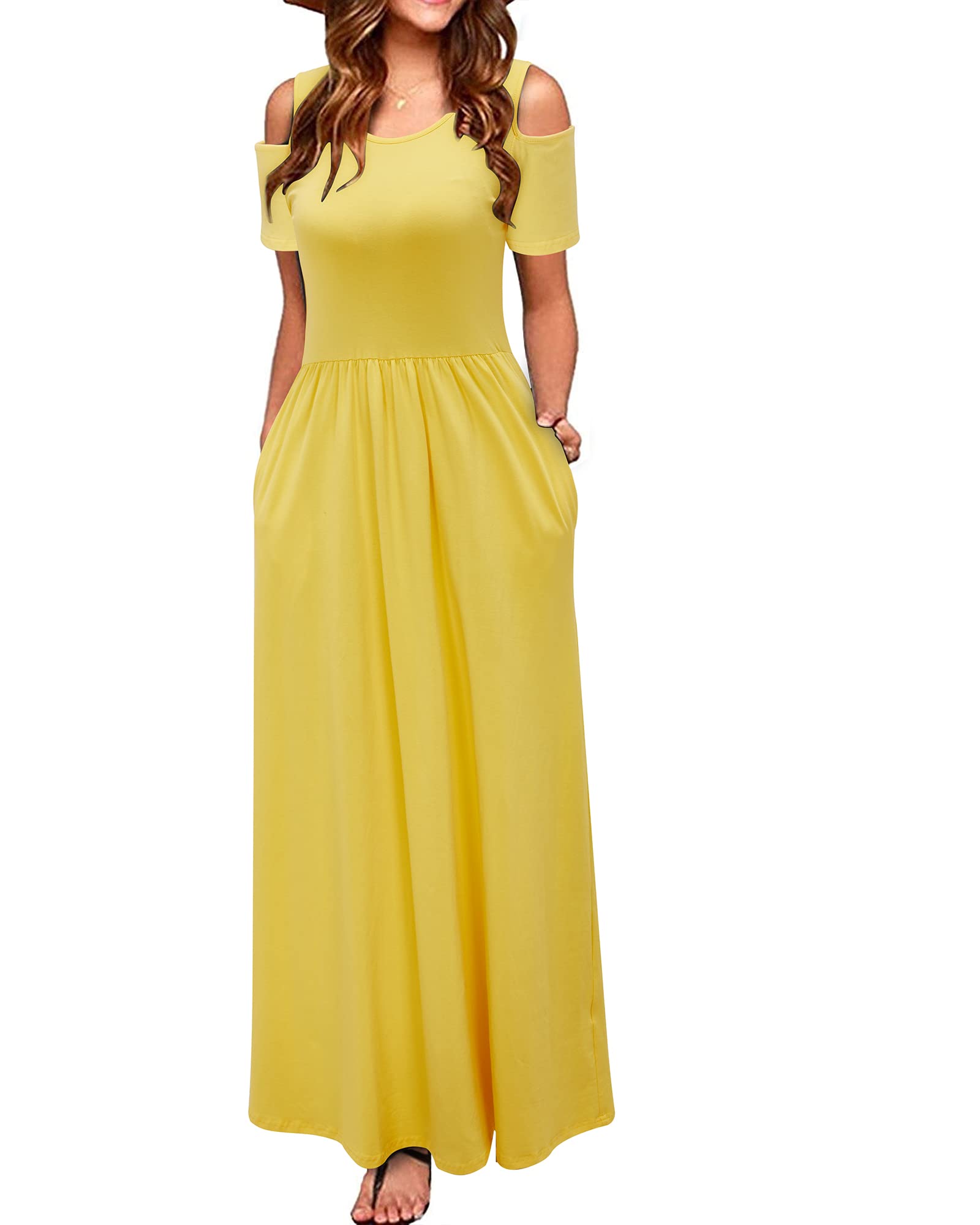 STYLEWORD Women's 2026 Summer Maxi Long Dresses Cold Shoulder Sundress with Pocket