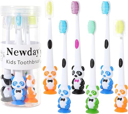 Newday Paquete de 6 cepillos de dientes para niños, cepillo de dientes extra suave y encantador de Little Panda para niños, sin BPA, ventosa para