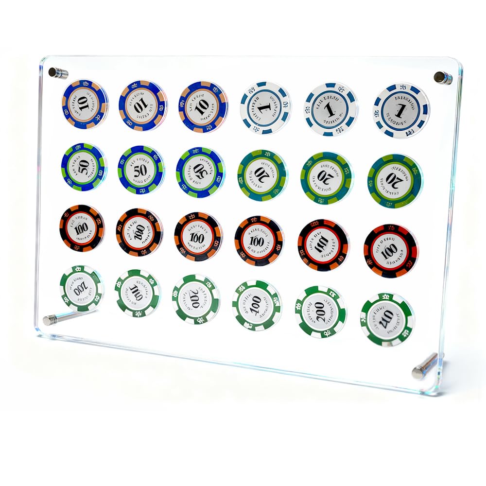 Porte-jetons de poker + 2 cartes coupées, présentoir de jetons de casino pour 24 jetons de poker, cadre en acrylique pour collectionneurs de pièces et fournitures, montage mural ou de table (34 x 23
