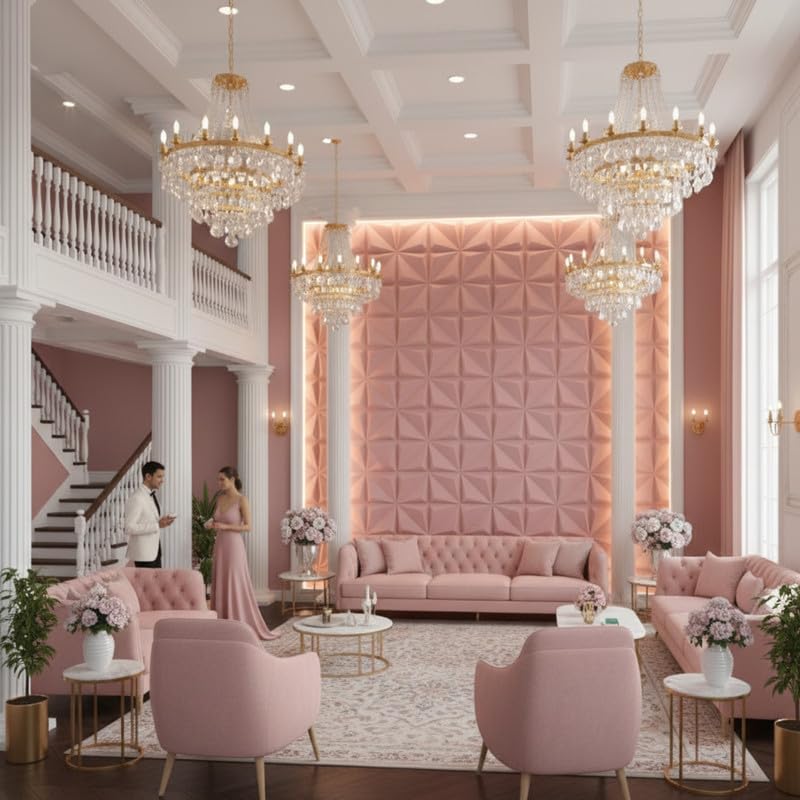 Image of Kayra Decor Wall Panels for Bedroom - PVC Bloom Design Blush Pink Color 19.7 inch x 19.7 inch (Pack of 12) - Covers 32.34 Sq. Ft.