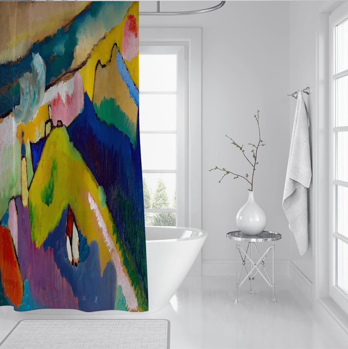 Bunte Landschaftsduschvorhänge Abstrakte Berg-Badezimmervorhänge Wasserabweisend und waschbare Polyester-Stoff-Badewannenvorhänge mit Haken 180 x 180 cm