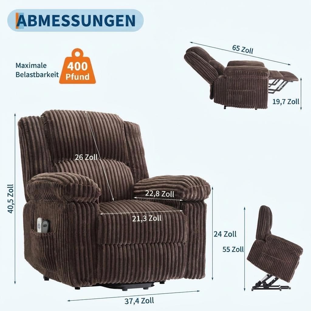 Garvee Elektrischer Relaxsessel mit Aufstehhilfe – Heiz- und Massagefunktion – Komfortable Polsterung, ergonomische Rücken- und Armlehnen – Für Senioren und mobilitätseingeschränkte Personen –