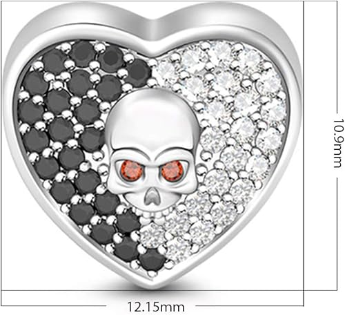 Miniatura 6 de GNOCE Abalorio de calavera en el corazón de plata de ley 925, decoración con circonita cúbica para pulseracollar, regalo de joyería de Halloween,