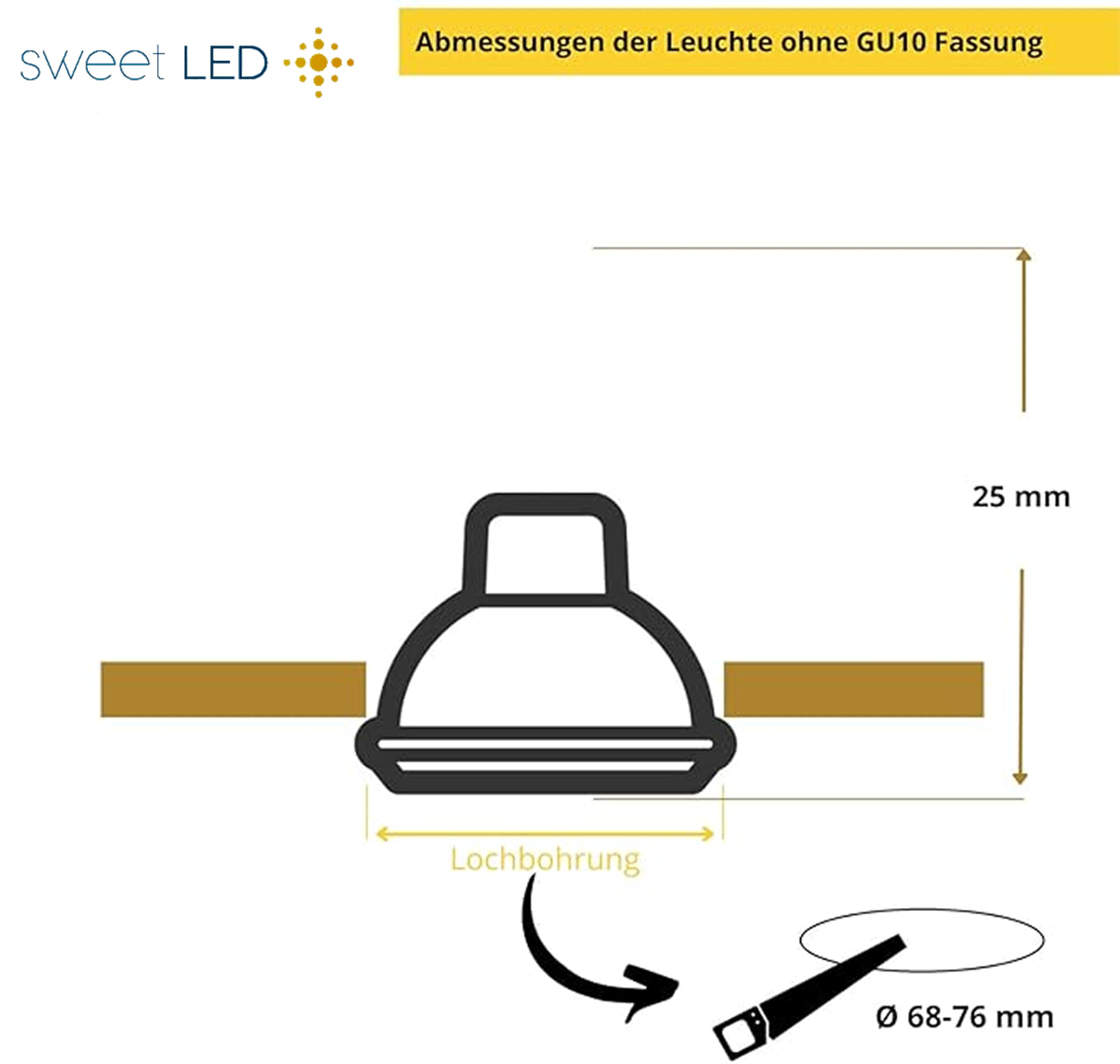Sweet Led Einbaustrahler 230 V 12er Set – GU10 Deckenspots aus Glas Schwarz inkl. Fassung, Einbaurahmen, Ø 68 mm Runde Rahmen für Decke