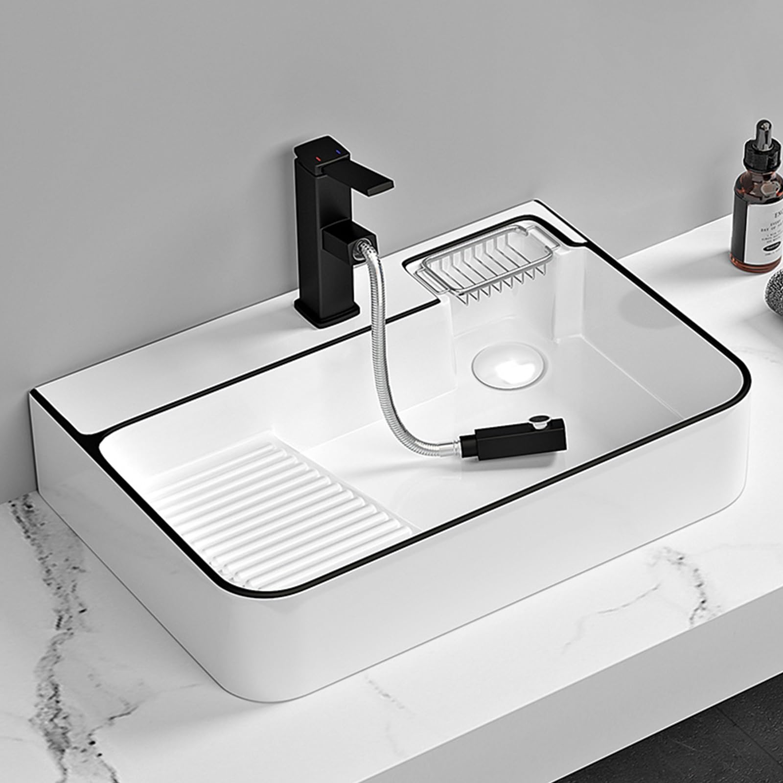 Fregadero de Cocina de Acero Inoxidable sobre encimera, Lavabo de Porcelana, Lavabo de baño Rectangular de cerámica Blanca, lavadero de cerámica con Tabla de Lavar, con g