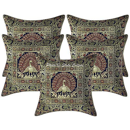 Image of Decorative Brocade Cushion Covers 16 Inch x 16 Inch Banarasi Jacquard Navy Blue & Gold Living Room Peacock Festive Decor Square 40x40 cm Zippered Sofa Settee Pillowcases -Set of 2 Pcs