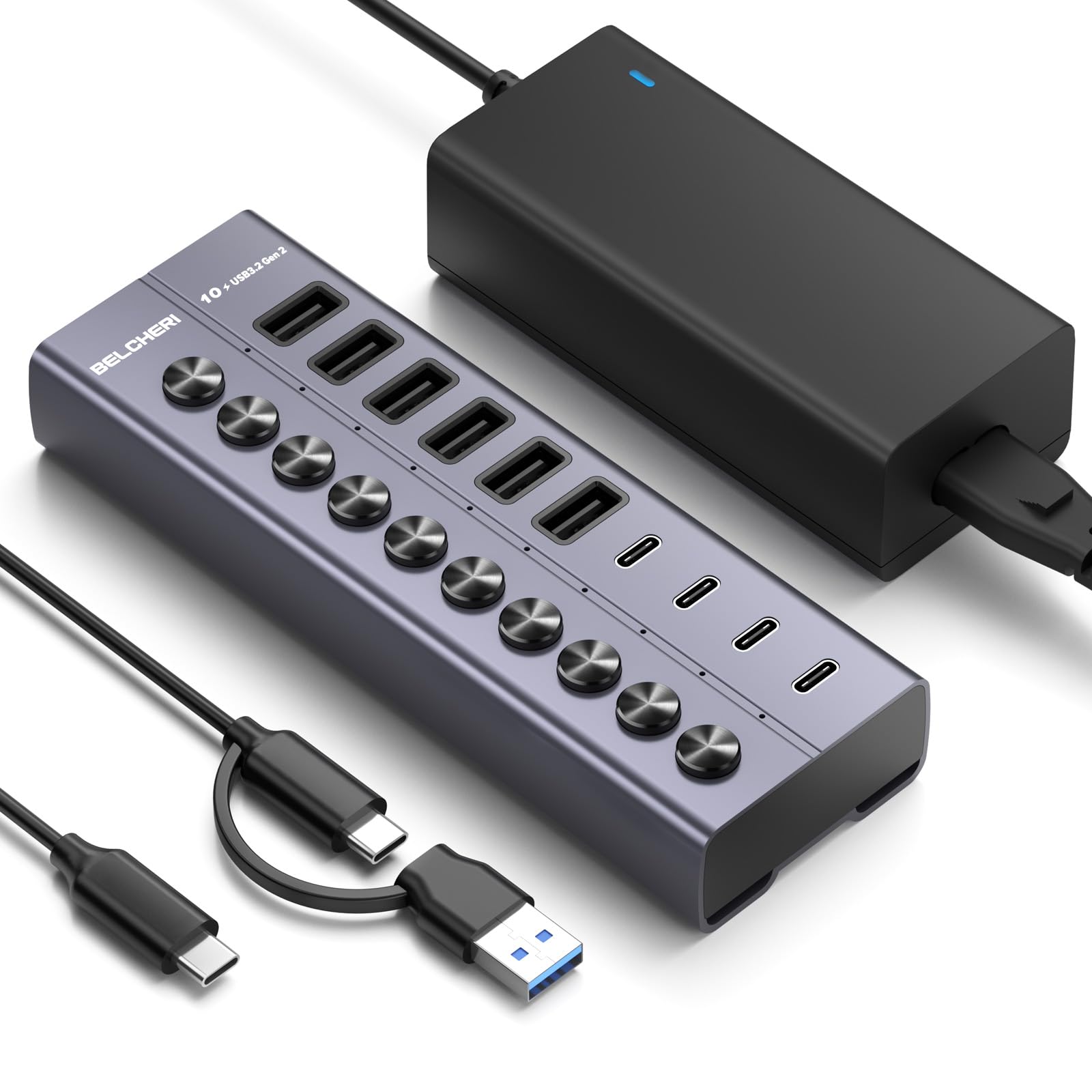 USB Hub mit Netzteil, 10-Port USB 3.2 Gen 2 10Gbit/s Aktiv Hub, Vollaluminium mit 60W (12V 5A) Powered, 6 USB-A & 4 USB-C Ports, Unterstützt BC1.2 Schnellladung