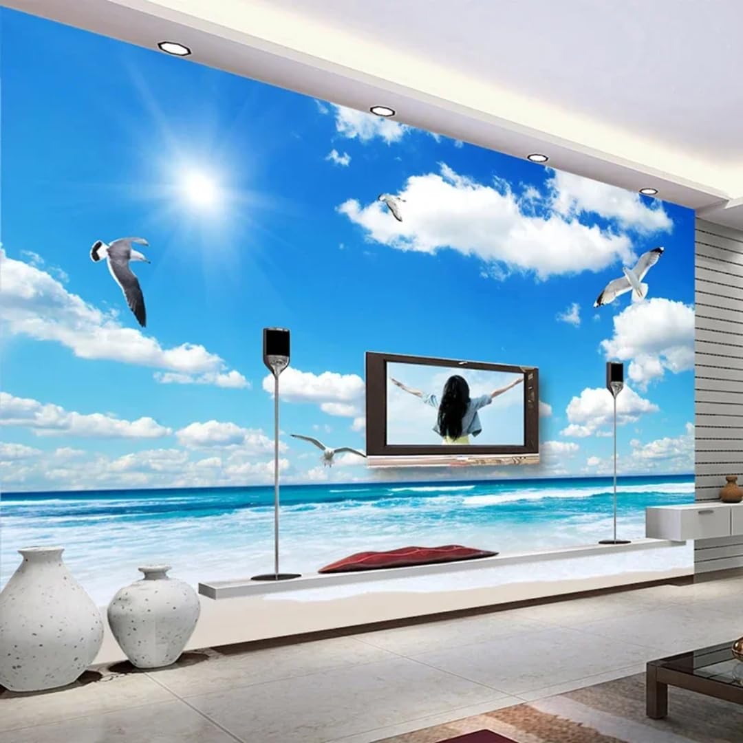 Sticker mural papier peint ciel bleu nuages blancs décoration mer 3D