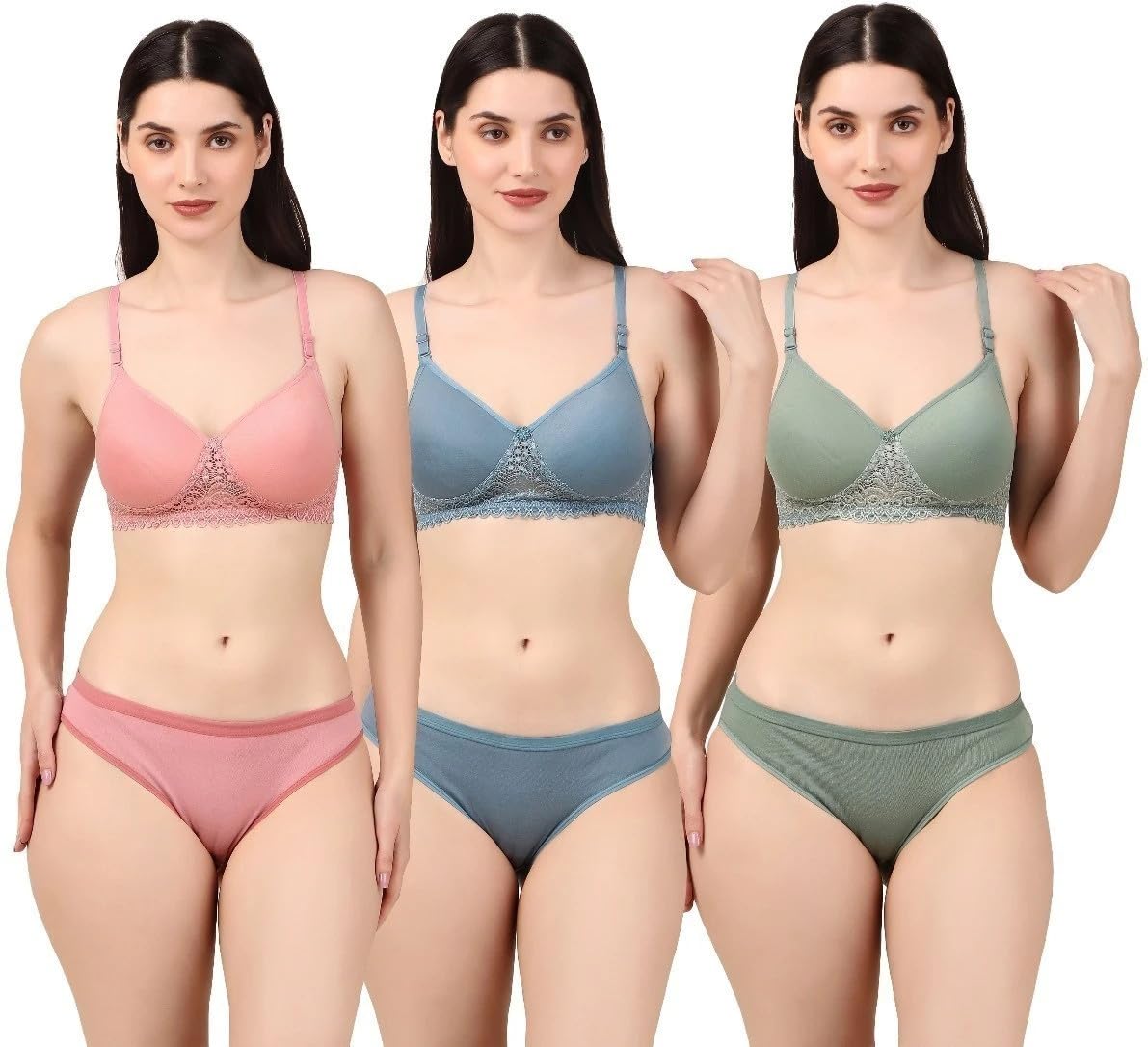 Set of 3 Women's Cotton Solid Padded Bra & Panty Set | Sexy Lingerie Set for Bridal | Honeymoon Bikini Set for Girls & Women - Adjustable Straps (Q)-image-8