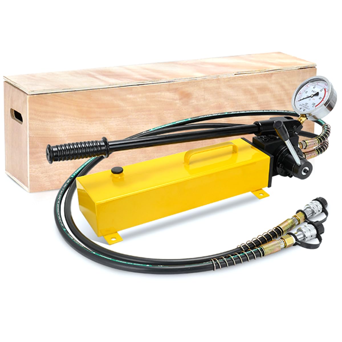 BASICM Doppeltwirkende Hydraulische Handpumpe Mit 2 X 1.8m-Schlauch Und Manometer, 700 Kg/m² (10.000 Psi) Und 3.000 cm³ Ölspeicher – Zur Verwendung Mit Verschiedenen Hydraulikwerkzeugen
