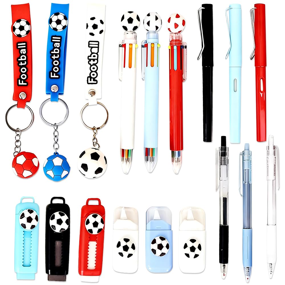 Spiritzohic Football Stationery Set for Kids, 18 Pcs Soccer Themed Stationery Kit Including Pencil Ballpoint Pens Eraser Keychain Correction Tape Back to School Supplies Gift for Football Fans