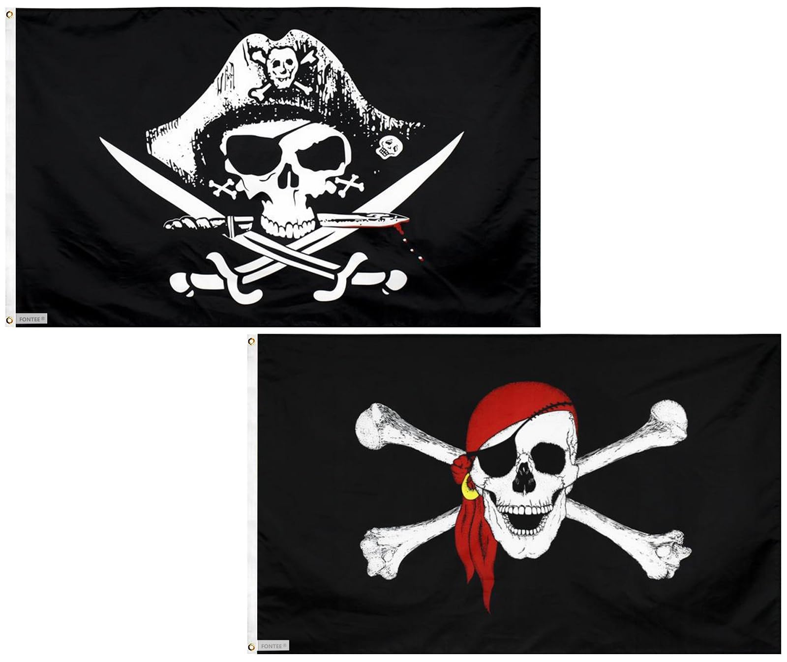 Fontee® Pack of 2 [Pirate Flag] [3x5Ft] [Vivid Color] [UV Fade Resistant] [Canvas Header] [Double Stitched] [Thick Brass Grommets]