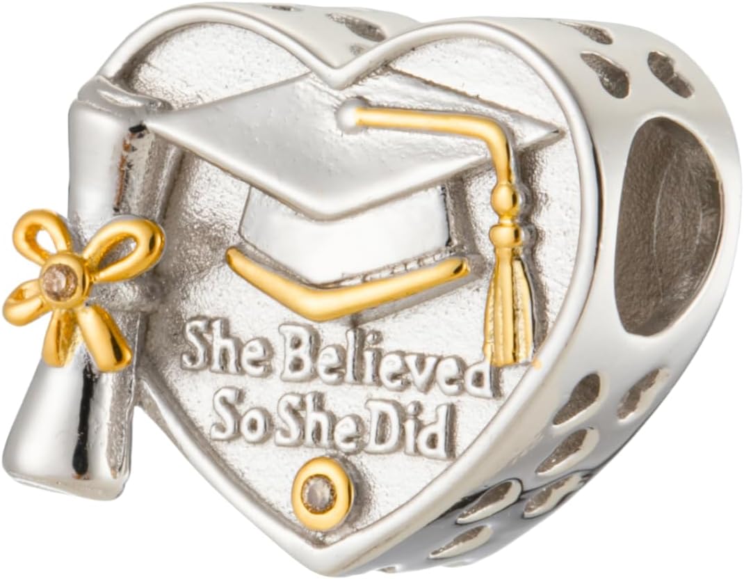 She Believed She Could So She Did Graduation Hat Heart Charm Bead, 925 Sterling Silver, Compatible with Pandora & Similar Charm Bead Bracelets, Necklaces & 2026 DIY Jewelry