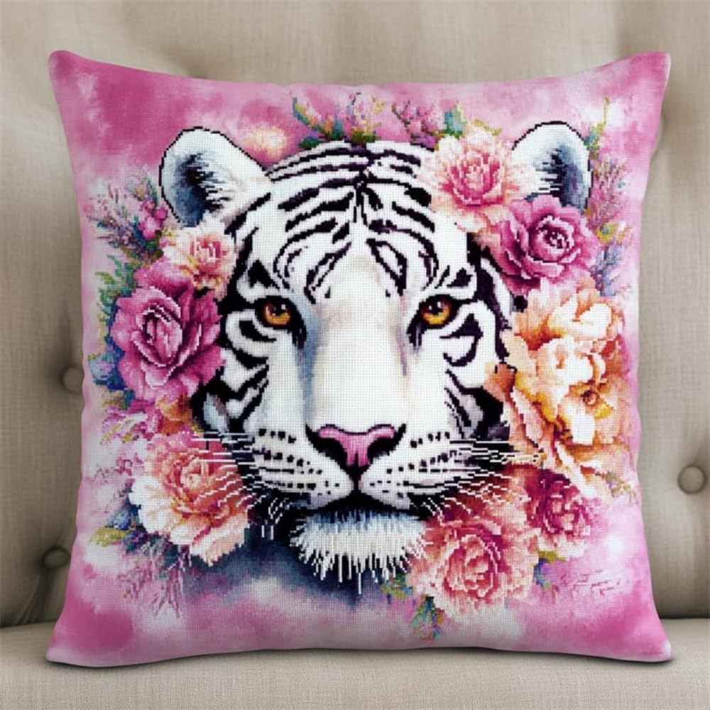 Kit coussin point de croix fleurs et tigre blanc 45x45 cm pour taie d'oreiller broderie DIY