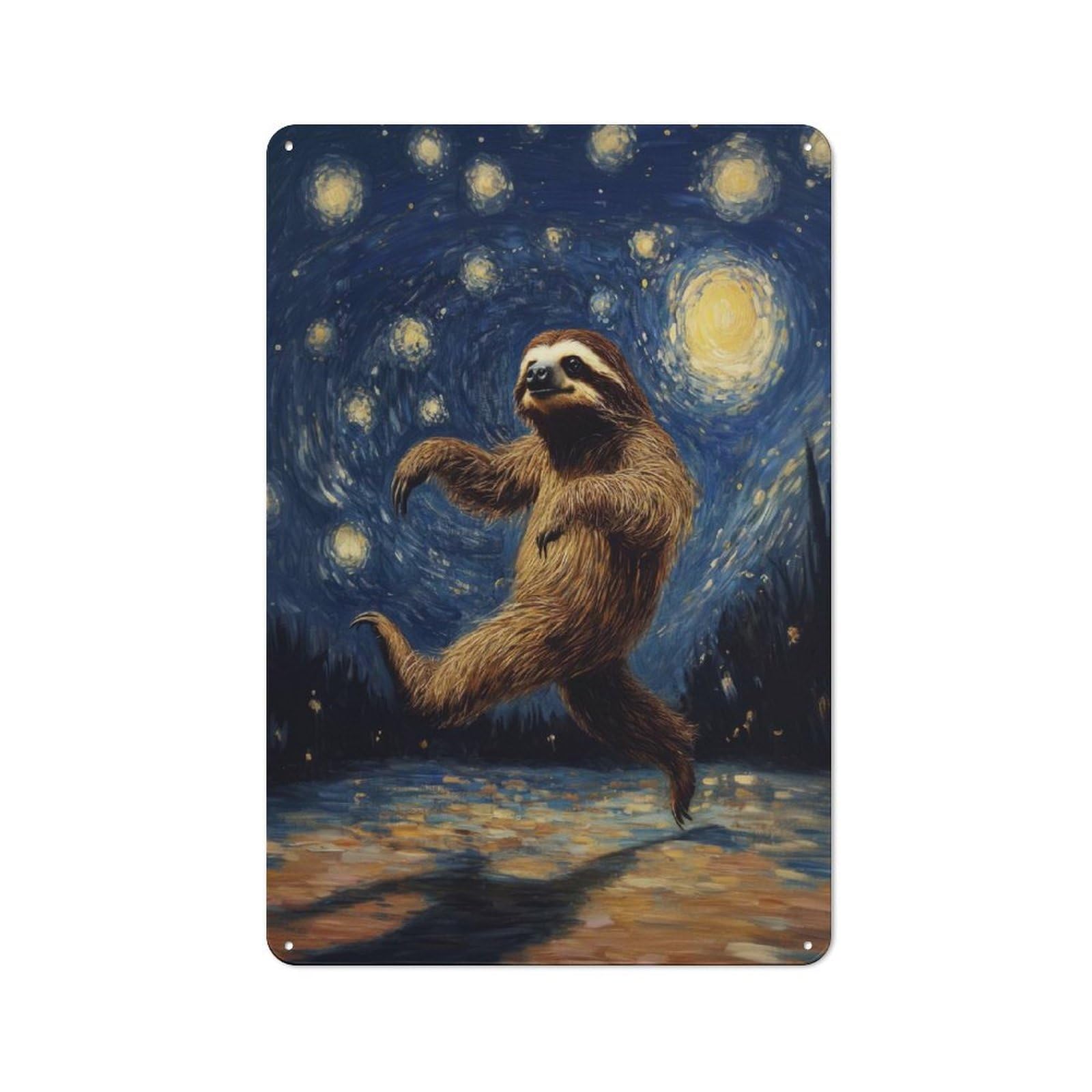Tin Sign 30x20cm with Sloth in Starry Night for Workshop Wall, Retro Decor, for Metal Sign Collectors, for Cafés, Pubs And Restaurants