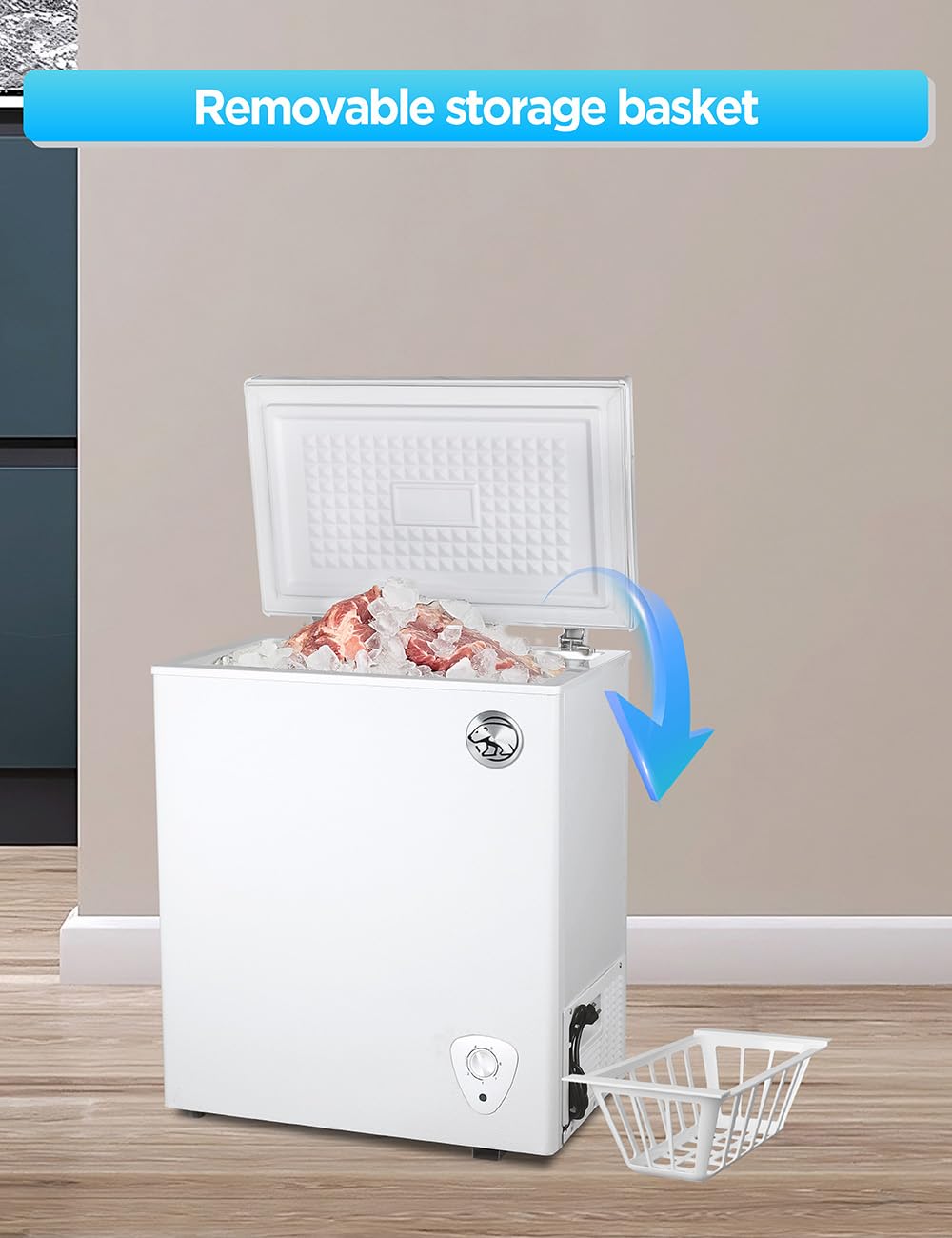 Commercial Cool 2.8 Cu. Ft. Compact Chest Freezer, Textured Finish, Deep Freezer For Frozen Food Storage, Removable Storage Basket, Mechanical Temperature Control, R600a Refrigerant, Ccfw28, White on Fridge.com - View 4