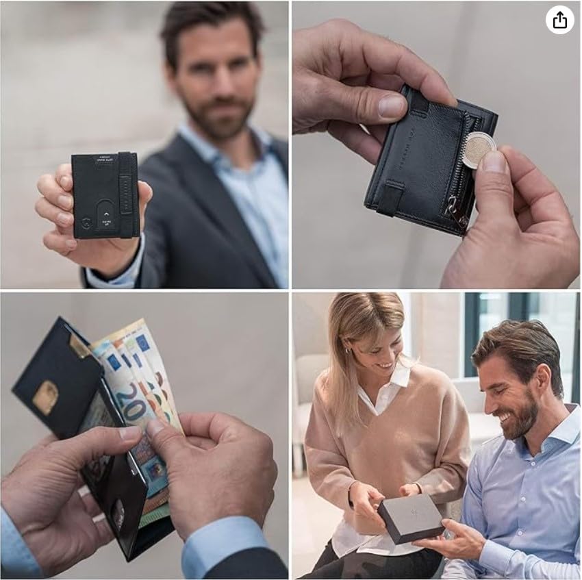 Image of AL FASCINO Men's Leather RFID Wallet, Black, Slim, Minimalist, 10 Card Slots, 30 Currency Compartment, Solid, Hook and Loop Closure