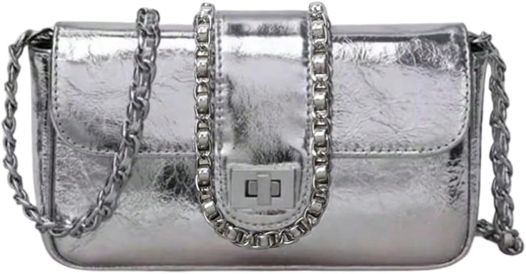 SweatyRocks Women's Metallic Mini Crossbody Bags Flap Shoulder Purse with Chain Strap
