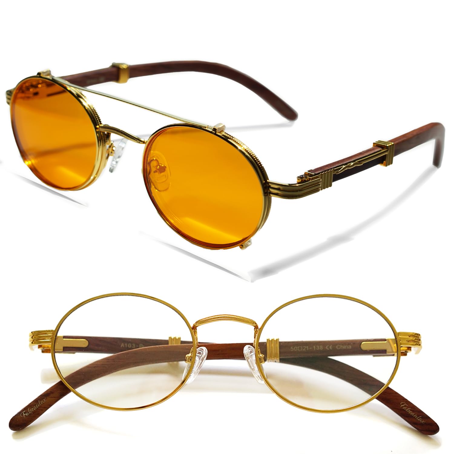 Photo 1 of Fa.Beau.Lux Premium Clear Round Blue Light Blocking Glasses with Wood Temple, Clip-On Compatible Frame, Unisex Design (Gold Amber Orange Night Blue Blocker)