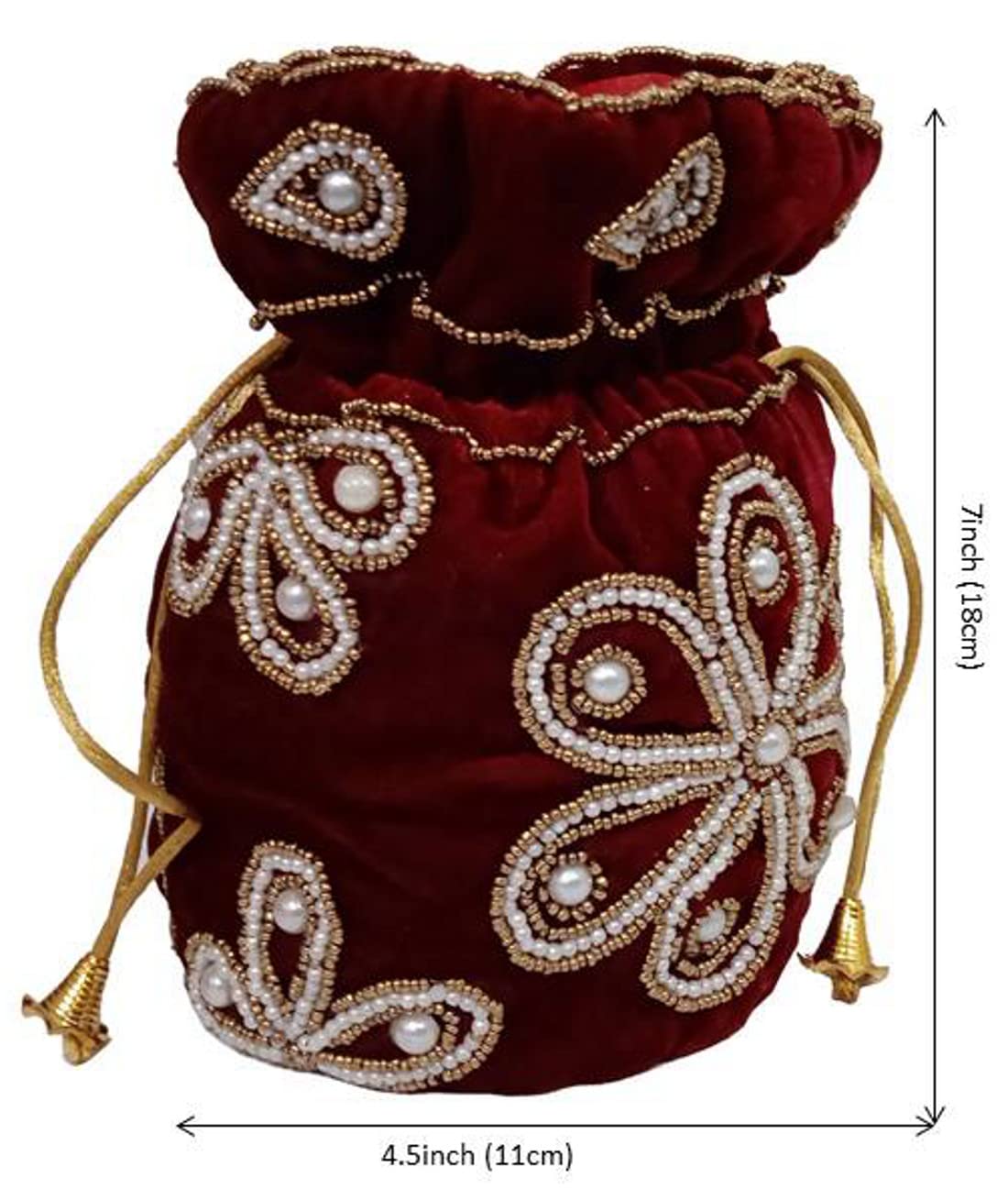 Purpledip Women's Chenille Intricate Bead Work Drawstring Potli Bag (Maroon, 12396G) 3