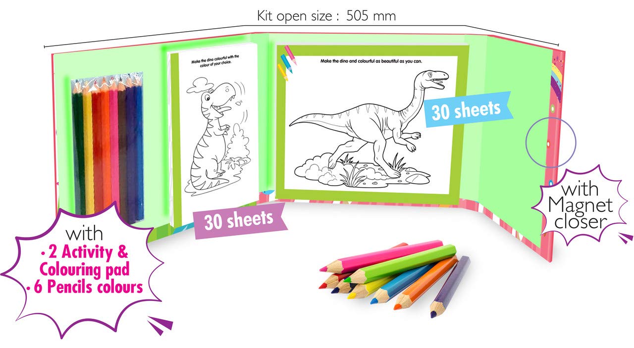 Hello Friend Foldable Dinosaur Activity Book And Colouring Kit - 30 Colouring Sheets, 2 Activity Colouring Pad, 6 Pencil Colours Set With A Magnet Closure, 5+ yrs 1
